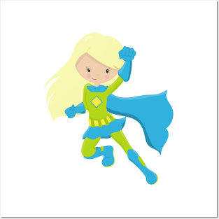 Superhero Girl, Cute Girl, Blonde Hair, Blue Cape Posters and Art